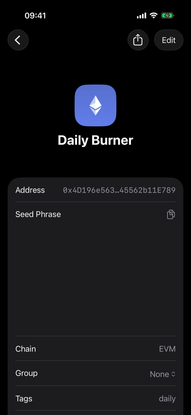 A screenshot of the same screen: the seed phrase row is blank