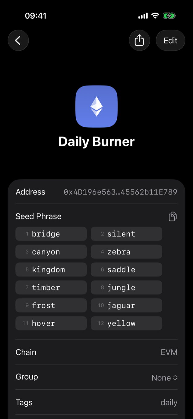 SafeKey showing a revealed twelve-word seed phrase
