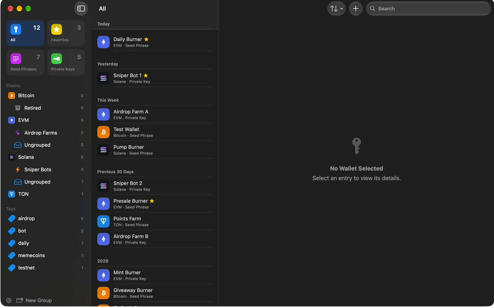 SafeKey on the Mac: a sidebar of chains and groups, a list of burner wallets and a detail pane